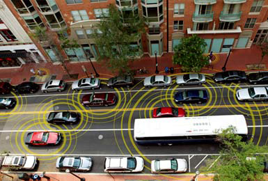 Conceptual image of vehicle-to-vehicle and vehicle-to-infrastructure communications (USDOT)
